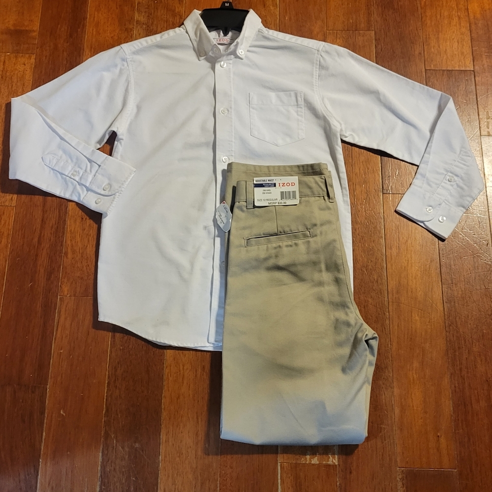 IZOD Boys NEW Flat Front Adjustable Waist Pants with White Oxford Shirt, Size 12
